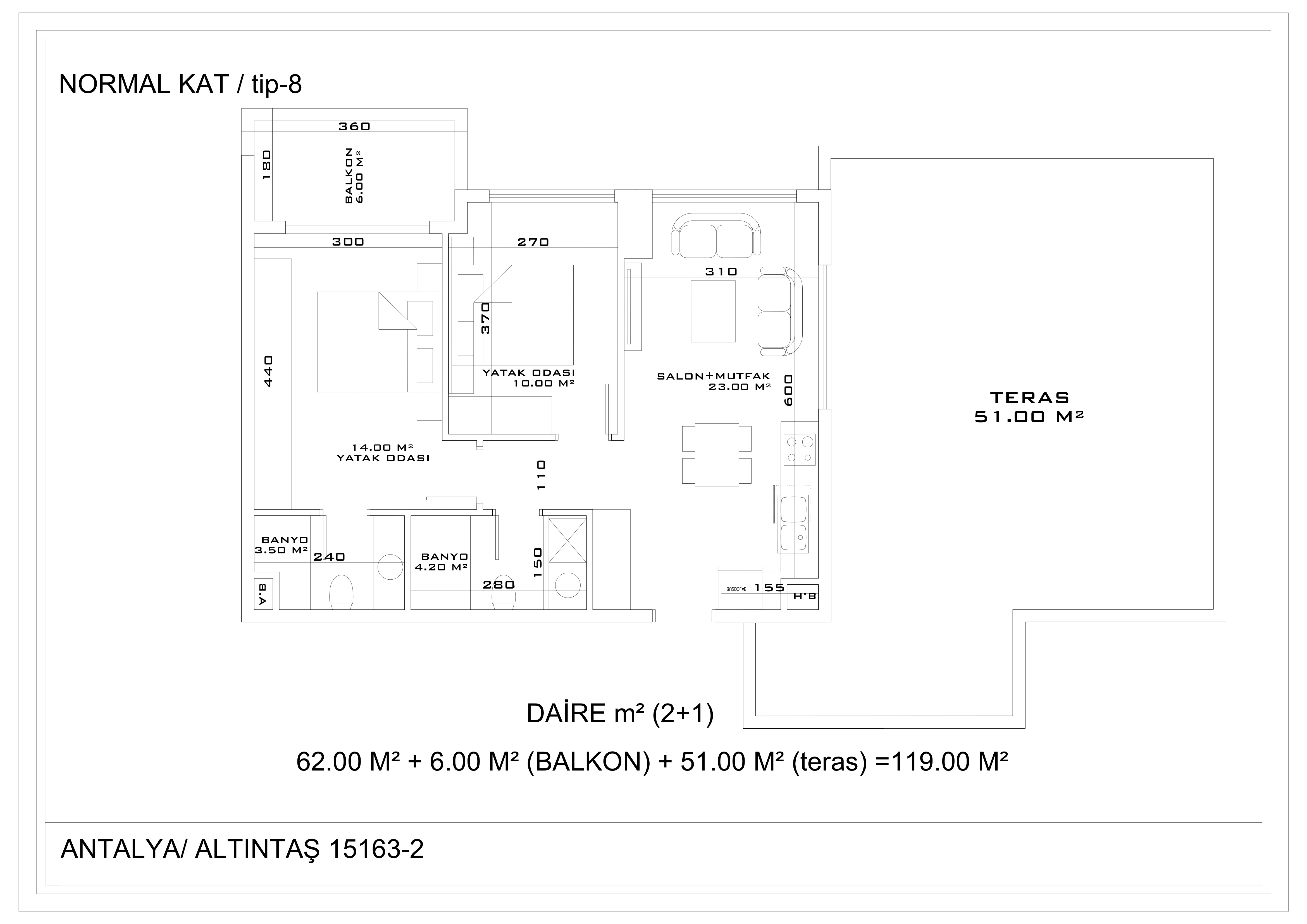 Апартаменты 2+1 в Анталии, жилая площадь 86м2, общая с террасой - 120м2